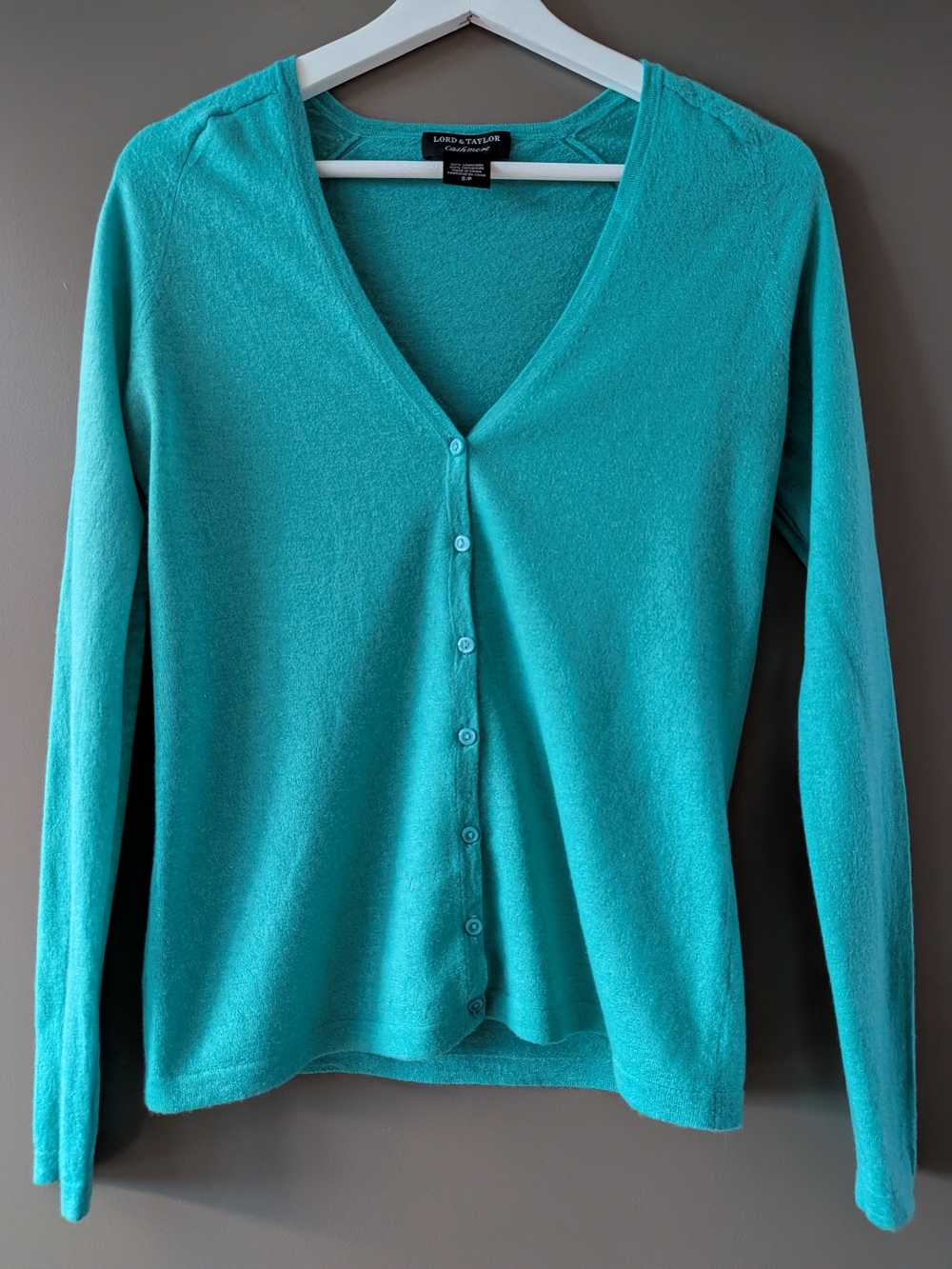 Lord & Taylor 100% Cashmere V-Neck Button Cardigan Sweater Teal Turquoise Small